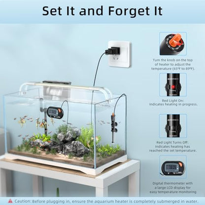 Aquarium Heater 25W/50W/100W/200W/300W, Adjustable Knob Fish Tank Heater with Digital Thermometer, Submersible Betta/Turtle Tank Heater for Freshwater and Saltwater Tanks - size: 50W for 5-10 gallon