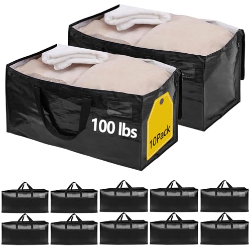 10 Pack Waterproof Moving Storage Bags, 100lbs Extra Large Heavy Duty Totes with Reinforced Handles & Strong Zippers, Reusable Moving Box Alternative for Packing Moving Household Storage, 95L, Black - color: Black, size: 10 Pack