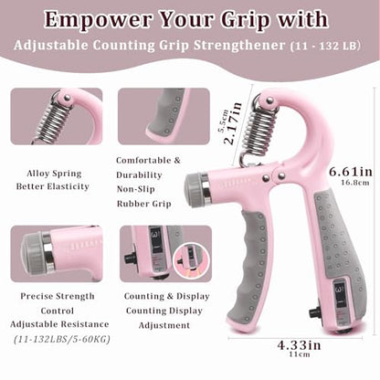 CYFIE Grip Strength Trainer Kit Adjustable 10-132Lbs Hand Exerciser Counter - color: Pink