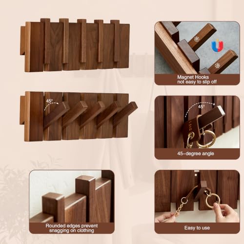 Coat Rack Wall Mount, Walnut 5 Flip-Down Picket Hanger Hooks for Entryway - size: 5 Hooks