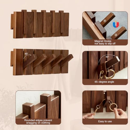 Coat Rack Wall Mount, Walnut 5 Flip-Down Picket Hanger Hooks for Entryway - size: 5 Hooks