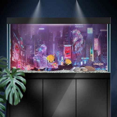 Aquarium Background Stickers - City Neon Sign - Fish Tank Reptile Terrarium Decor Poster (60 x 30 cm / (23.6 x 11.8 inches)) - size: 60 x 30 cm / (23.6 x 11.8 inches)