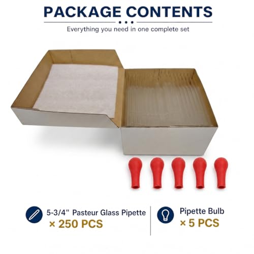 5-3/4 Inch Pasteur Glass Pipettes, 250 PCS High-Transparency Borosilicate Glass Droppers, Reusable Lead-Free Lab Pipettes for Precision Liquid Transfer, Essential Oils and Chemistry