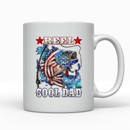 Funny Fishing Gift for Dad Mug, Reel Cool Father Coffee Cup, Patriotic Bass Angler Present, Fathers Day Idea from Kids, Birthday Surprise for Him, USA Humor Drinkware (11 oz Accent) - color: 11 oz Accent