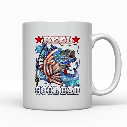 Funny Fishing Gift for Dad Mug, Reel Cool Father Coffee Cup, Patriotic Bass Angler Present, Fathers Day Idea from Kids, Birthday Surprise for Him, USA Humor Drinkware (11 oz Accent) - color: 11 oz Accent