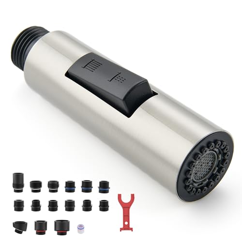 Metal Kitchen Faucet Head Replacement, 2-Mode Pull Down Kitchen Faucet Spray Head with 15 Adapters, High Pressure Sink Sprayer Nozzle Stainless Steel, Brushed Nickel - color: Brushed Nickel