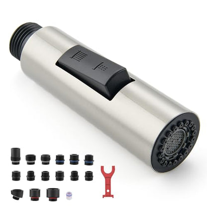 Metal Kitchen Faucet Head Replacement, 2-Mode Pull Down Kitchen Faucet Spray Head with 15 Adapters, High Pressure Sink Sprayer Nozzle Stainless Steel, Brushed Nickel - color: Brushed Nickel