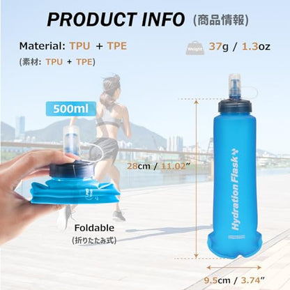 Azarxis TPU Soft Flask Collapsible Water Bottle Running Folding Gel Water Reservoir Handheld for Hydration Pack Hiking Cycling Climbing Jogging Marathon Trail Race - color: #05 Blue - 500ml - 2-pack