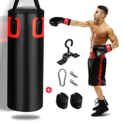 GYMAX Punching Bag Set, 56lbs Prefilled Heavy Duty Boxing Bag for Adults with 12OZ Punching Gloves & Two 95" Hand Wraps, 360°Hanging Kick Punching Bag for MMA Karate