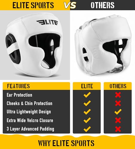 Elite Sports Boxing Headgear Men, Boxing Head Guard Sparring Gear, MMA Headgear Kickboxing Muay Thai Training Helmet, Protective Fighting Gear, Adjustable Face Protection - color: White