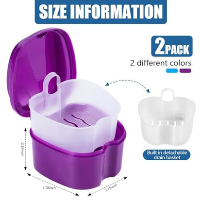 KISEER 2 Pack Colors Denture Bath Case Cup Box Holder Storage Soak Container with Strainer Basket for Travel Cleaning (Light Blue and Purple) - color: Light Blue and Purple