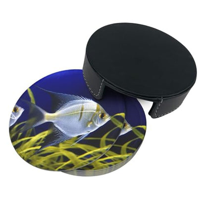 Cup Coaster Set for Home Decor Tabletop Protection Cup Mat PadRound Coasters for Drinks Set of 6 PU Leather Aquarium AngelfishCoasters with Holder 4" Drink Coasters for Coffee Table