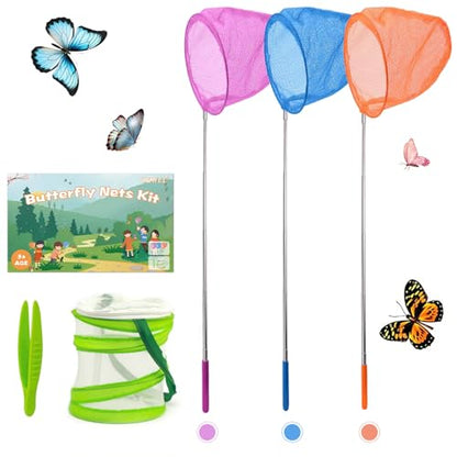 Telescopic Butterfly Nets for Kids Butterfly Catchers for Kids Insect Catching Nets, Great for Catching Insects Bugs Fishing, 3 Packs Catching Nets, Pop up Mesh Cage, Tweezers, Extendable 34 inches