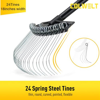 Thatch Rake, Dethatcher Rake with Thin, Curved Spring Steel Tines, Dethatching Thatching Rake for Lawns with 61’’ Steel Handle, Lawn Tine Rakes for Pine Needles, Dead Grass, Garden Debris