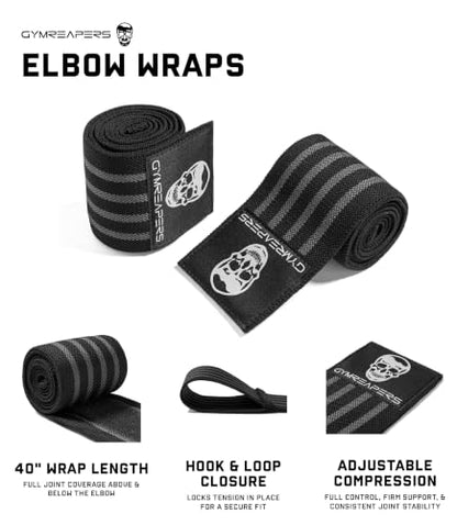 Gymreapers Weightlifting Elbow Wraps (1 Pair) - Flexible 40'' Elbow Compression Strap & Joint Support Brace - for Bench Press, Powerlifting, and Pressing - color: Gray