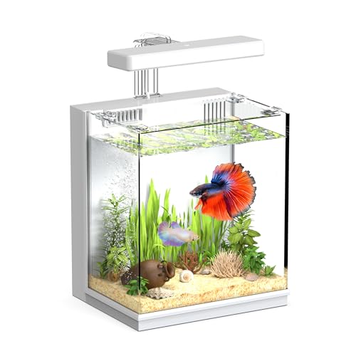 2-Gallon All-in-One Fish Tank – Silent Pump, 3-Stage Filtration & Easy Water Change, Perfect Self-Care Betta Aquarium Kit for Kids & Beginners (White - color: White