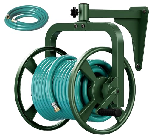 Rotating 360° Garden Hose Reel, Wall Mounted Hose Reel Holder Holds 165ft of 5/8'' Hose, Outdoor Heavy Duty Metal Water Hose Organizer Storage Rack with 3.9ft Leader Hose for Outside, Green