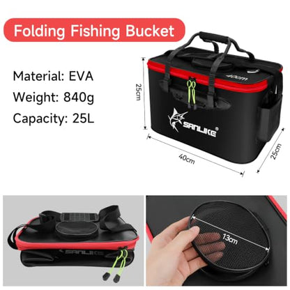 SANLIKE Foldable Live Fish Bucket, EVA Fishing Bait Bucket, 35/40/45CM Collapsible Fish Container, Leakproof Livewell for Kayak Boat Bank Fishing, Black/Army Green - color: Black-40cm