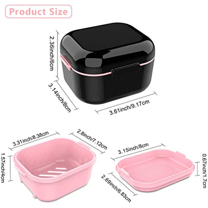 Denture Case with Mirror, Leakproof Retainer Box with Strainer Basket - color: Black Pink