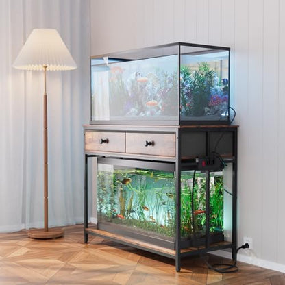 VOWNER 40 Gallon Aquarium Stand with Power Outlet, Metal Frame Fish Tank Stand with Cabinet Storage, Double Turtle Reptile Terrariums Tank Stand, 39.4" L*18.9" W Tabletop, 660LBS Capacity, Brown