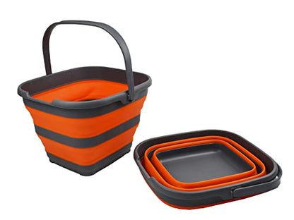 SAMMART Set of 2-10L (2.6 Gallon) Collapsible Plastic Rectangular Bucket - Portable Fishing Bucket - Foldable Tub with Handle - Pop up Saving (Grey/Orange (Set of 2)) - color: Grey/Orange (Set of 2)
