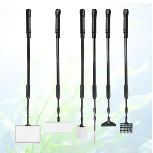 RUKANG Fish Tank Cleaner, 6 in 1 Aquarium Cleaning Tools Kit with 23~34 Inches Adjustable Long Handle Replaceable Blade Silicone Strip Algae Scraper Scrubber Brushes Set