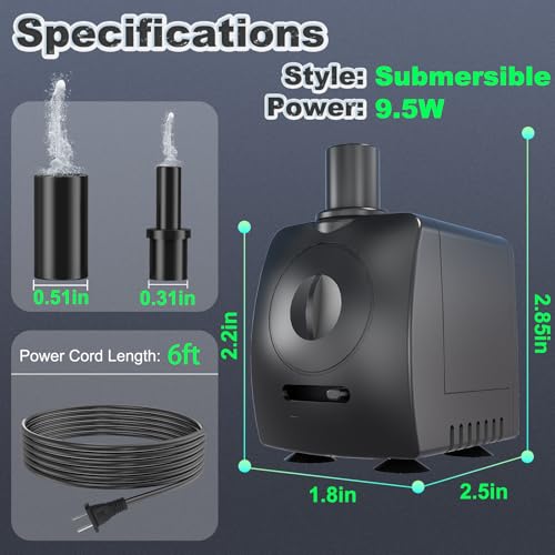 Submersible Pump 130GPH Ultra Quiet 4ft High Lift for Fountains, Hydroponics, Ponds, Aquariums & More…