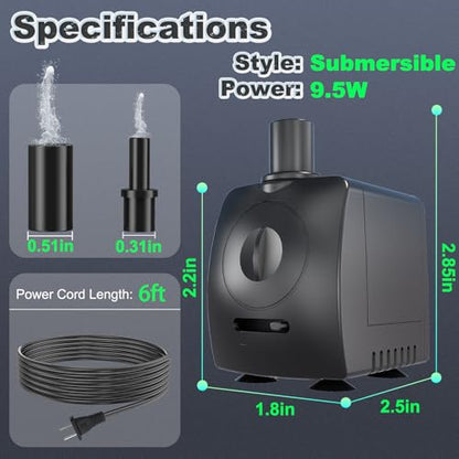 Submersible Pump 130GPH Ultra Quiet 4ft High Lift for Fountains, Hydroponics, Ponds, Aquariums & More…