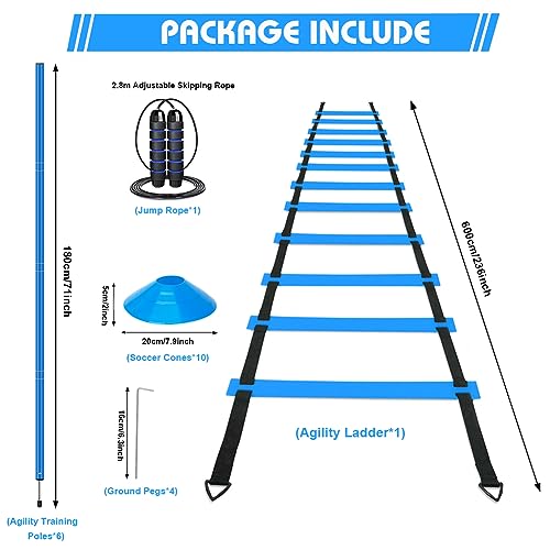HOTOOLME Agility Training Poles Equipment Soccer Training Equipment Includes 6 Agility Poles,Agility Ladder, 10 Soccer Cones,Jump Rope for Speed Training, Soccer Training, Basketball Athletes & Kids - color: Blue