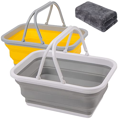 Collapsible Sink with Handle Towel, 2.37 Gal / 9L Foldable Wash Basin for Washing Dishes, Camping, Hiking and Home - color: 2pcs-gray&yellow