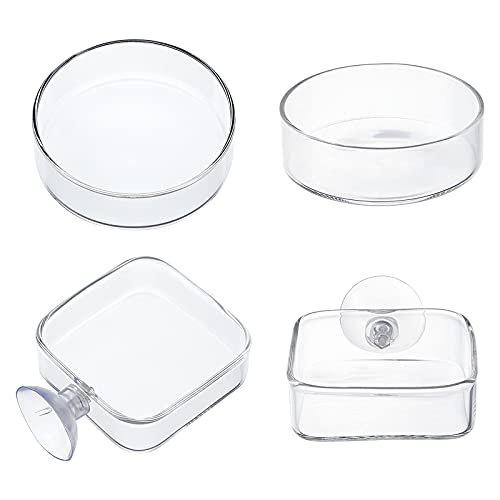 SUPERFINDINGS 4Pcs 2 Styles Transparent Glass Aquarium Shrimp Food Feeder Dish Fish Tank Feeding Bowls Dishes Flat Round Square Clear Feeding Bowl