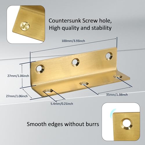 L Bracket, Heavy Duty Corner Brace, 20 Pack 4 Inch Stainless Steel Shelf Bracket Angle Bracket for Shelves, Gold Metal Braces for Wood, 100mm Overall Length - size: 4 Inch, style: Gold 20 Pack