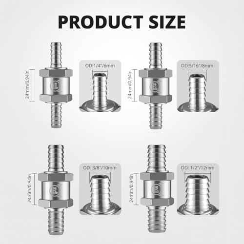 EVIL ENERGY 1/4" 5/16" 3/8" 1/2" Check Valve Set (6mm 8mm 10mm 12mm), 4 Pcs One Way Fuel Check Valve for Fuel, Diesel & Coolant, Silver
