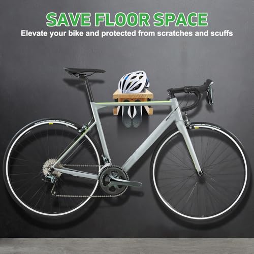 Wooden Bike Wall Mount Rack with Shelf and Hooks, Bike Hanger Wall Mount