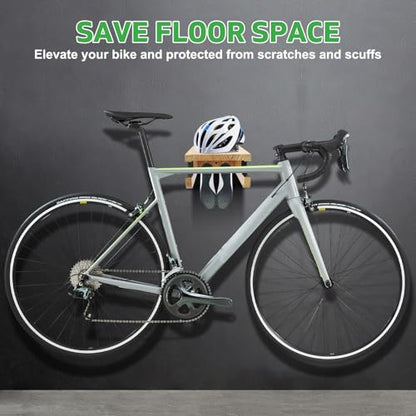 Wooden Bike Wall Mount Rack with Shelf and Hooks, Bike Hanger Wall Mount