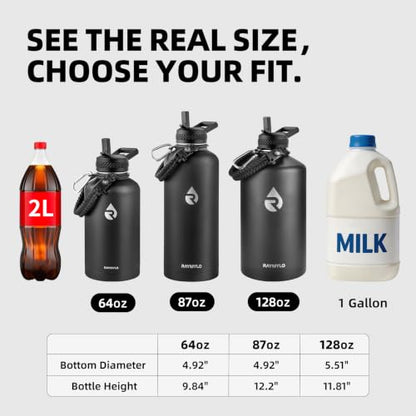 RAYMYLO Insulated Water Bottle 87 oz, Triple Wall Vacuum Stainless Steel - color: Magic Black, size: 87 Ounces