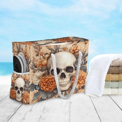 senya Large Beach Bags Totes Canvas Tote Shoulder Bag Soft Wave Water Resistant Bags for Gym Travel Daily Ocean - color: Skeleton Flower