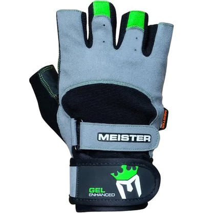 Meister Wrist Wrap Weight Lifting Gloves w/Gel Padding - color: Gray / Neon Green, size: Medium