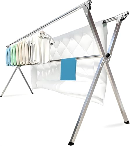 AZK Clothes Drying Rack Extendable Laundry Drying Rack with 20 Hooks | Stainless steel Sturdy Lightweight Frame Foldable Portable Design for Indoor and Outdoor Sun Drying of Garments 79.55In - size: 79.55 inches