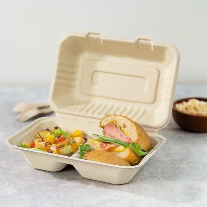 KARAT EARTH Clamshell Take Out Food Containers [9"x6", 200 ct ] 2 Compartments | Compostable To Go Containers, Natural Biodegradable Bagasse