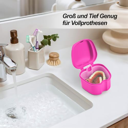 Denture Cup Retainer Cleaning Case False Teeth Soaking Container with 2 Brushes, Dental Retainer Cup Holder Case Denture Soaking Storage Box Case - White & Rose Red - color: White & Rose Red
