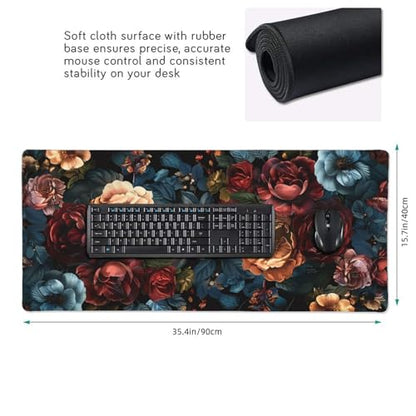 35.4 x 15.7 in, Waterproof XXL Large Mouse Pad for Desk, Extended Keyboard Mouse Mat for Computer Office, Big Laptop Mouse pad, Gaming Pc-Vintage Chic Rose Flowers