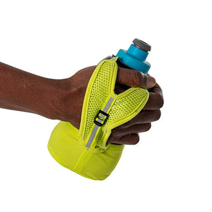 Nathan Running Handheld Water Bottle Adjustable No-Grip Quick Squeeze Lite Hand Strap. Reflective Hydration - color: Finish Lime / Blue Me Away, style: 18oz
