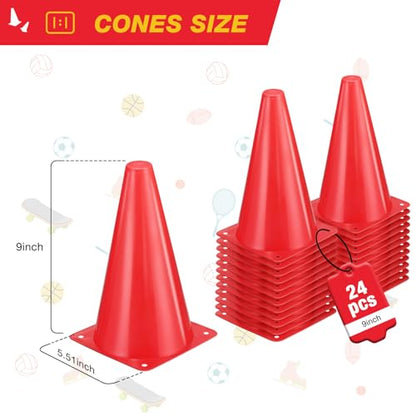 24pcs Cones 9 Inch Soccer Cones and Plastic Traffic Cones, Durable Cones for Sports Training, Ideal for Soccer, Basketball, Football, Skating, and Agility Drills Practice - color: red