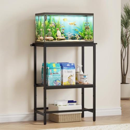 5-10 Gallon Fish Tank Stand, Aquarium Stand with 2-Tier Storage Shelves, Heavy-Duty Reptile Terrarium Stand Table with One-Piece Top for 10 Gallon Standard Model, 21.2" L x 11.8" W x 29.3" H (Black) - size: 10 Gallon