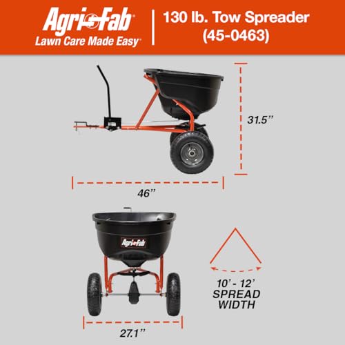 Agri-Fab Pull Behind Broadcast Spreader for Seed, Fertilizer, Salt and Ice Melt, 130 lb Hopper Capacity with Universal Hitch and 12 Ft Spread Width