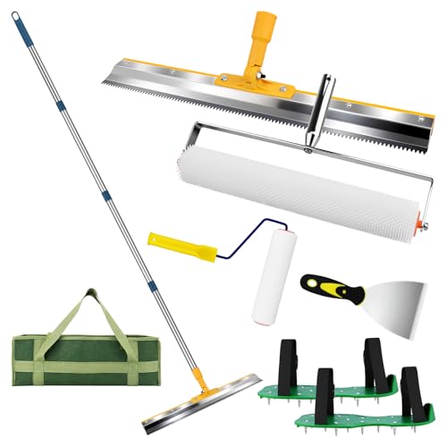 Self Leveling Tool kit, 20 Inch Spiked Roller with Telescopic Handle for Garage, Apartment, Shop, Home, Bathroom, Basement & Commercial Flooring - Includes Spike Shoes, Scraper, Heavy-Duty Canvas Bag