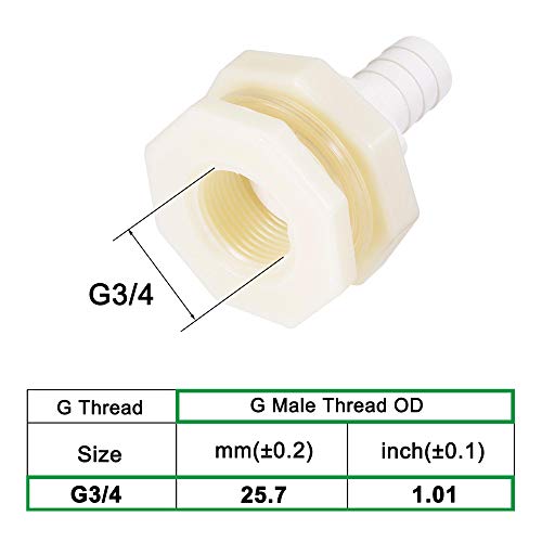 uxcell Bulkhead Fitting Adapter 16mm Barbed x G3/4 Female ABS White for Aquariums, Water Tanks, Tubs, Pools 4Pcs - size: G3/4