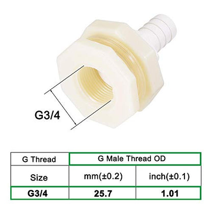 uxcell Bulkhead Fitting Adapter 16mm Barbed x G3/4 Female ABS White for Aquariums, Water Tanks, Tubs, Pools 4Pcs - size: G3/4