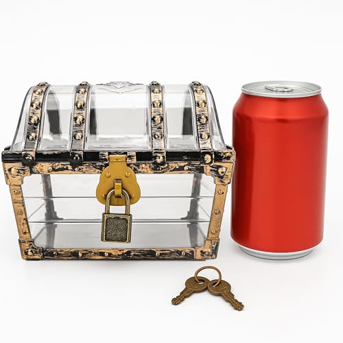 Treasure Chest Box, Small Pirate Treasure Case with Lock and Key, Transparent Jewelry Storage Container Display Toy Candy Seashell Gemstone Crystal Keepsake Gift, Retro Nautical Home Decor 5''x4.5''